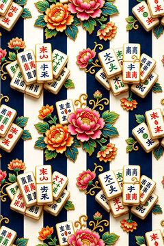 Mahjong tiles with Chinese characters, floral patterns arranged diagonally on striped background in blue, white, gold, game theme graphic design illustration wallpaper 