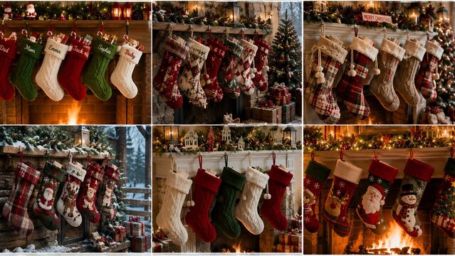 Christmas Stocking Collage with Rustic Mantel and Festive Holiday Decor