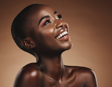 Radiant Joyful Black Woman with Buzzed Hair and Shimmery Elegant Makeup