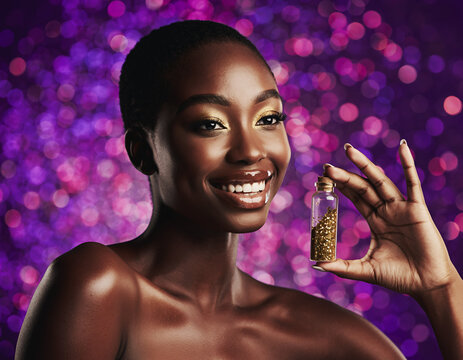 Smiling Black Beauty with Golden Eyeshadow Holding Glitter Jar over Bokeh Lights
