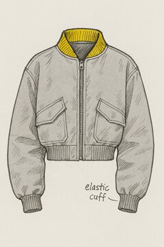 Designer&rsquo;s notebook drawing of classic bomber silhouette with functional pockets