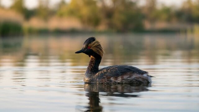 eared grebe on north american freshwater lake close up at morning light video