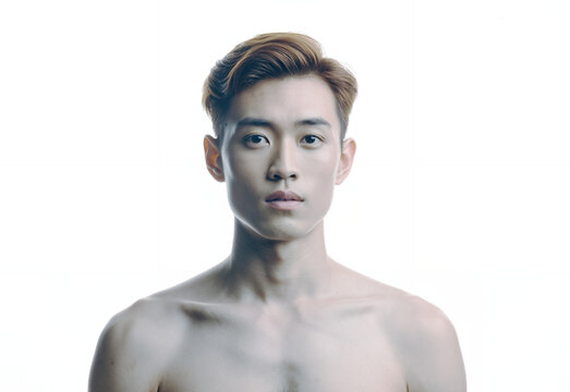 Close-up Portrait of a Shirtless Young Asian Man with Brown Styled Hair