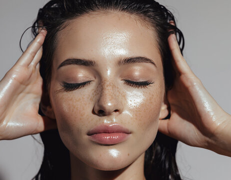 Close up portrait of woman with freckles and glowing wet skin with eyes closed