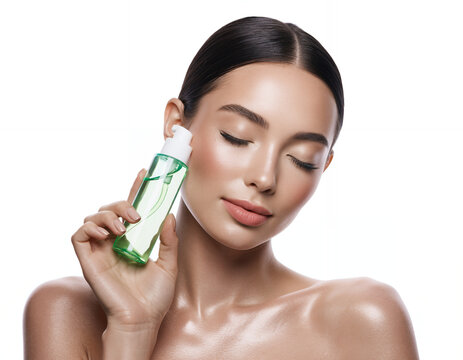 Beautiful Woman with Glowing Skin Holding Green Serum Bottle for Skincare Routine