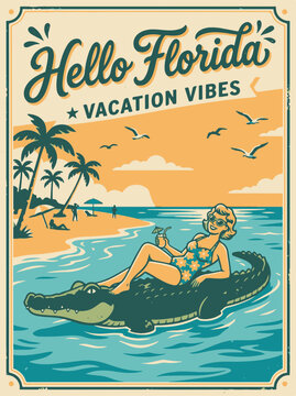Retro Florida Vacation Vibes Poster with Woman Riding Alligator