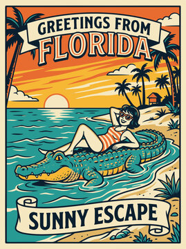Retro Florida Beach Vacation Greeting with Woman and Alligator Enjoying Sun