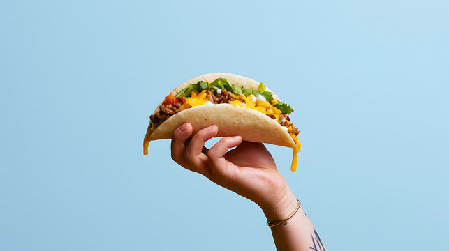 Delicious handheld soft taco with savory beef, fresh lettuce, and melted cheese held against a vibrant blue sky background
