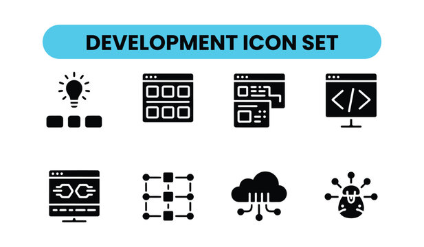 Development set with software and coding symbols development software programming web development app development