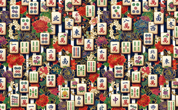 Mahjong tiles with Chinese characters, floral patterns arranged diagonally on striped background in blue, white, gold, game theme graphic design illustration wallpaper 