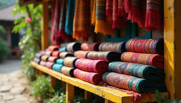 Colorful woven textiles rolled and displayed on yellow bench outdoors. Fabrics feature intricate patterns and fringe. Items hang in background suggesting a market or shop.
