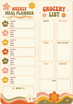 Retro style template, weekly meal planner and grocery list, colorful floral graphic design illustration 