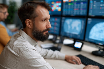 Fototapeta premium Focused professional monitors display global data streams. Bearded man intensely watches complex financial charts. His hands hover over keyboard, ready to act