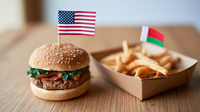 Delicious gourmet burger with fresh vegetables and sesame bun alongside golden french fries on a wooden table, perfect quick meal