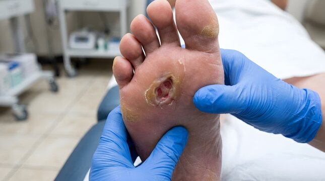 Diabetic foot ulcer medical examination examining sole of foot with open wound painful injury.