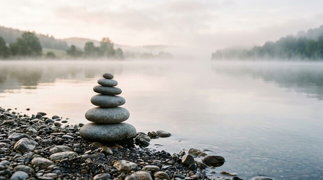 Zen stone tower on rocky beach by calm lake