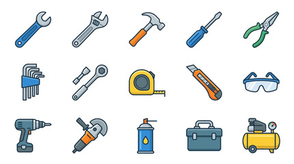 Obraz premium Minimalist Colorful Set of 15 Essential Hand Tools and Safety Gear Illustrated in Flat Design Style