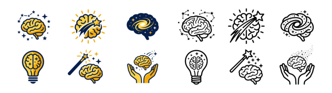 Set of brain icons with stars galaxy lightbulb magic wand and hands representing imagination and cosmic mind