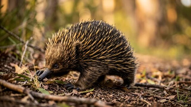 echidna in australian bushland habitat close up at morning light video