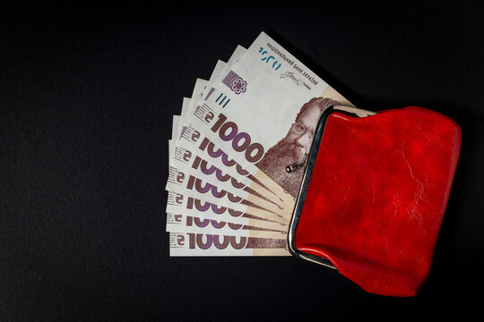 Ukrainian 1000 hryvnia banknotes with red wallet on black background. Fan of Ukrainian one thousand hryvnia bills next red leather purse on dark background representing budget and financial concept