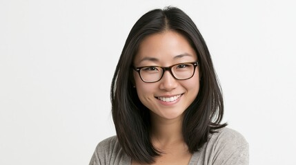 Obraz premium Smiling young Asian woman with long black hair and glasses. She has a friendly expression and is wearing a gray sweater against a plain background.