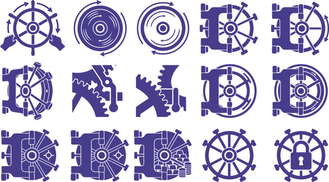 Industrial Mechanical Gear and Vault Door Vector Icon Set for Security Systems, Engineering Projects & Technical Documentation (EPS)