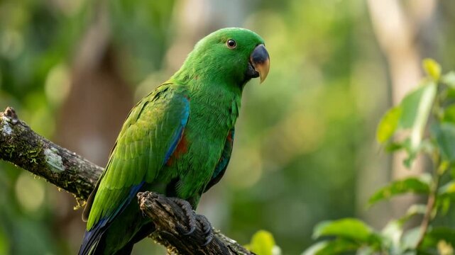 eclectus parrot in papua new guinea rainforest canopy close up at morning light video