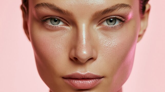 Close-up portrait of a young Caucasian woman with light brown hair and blue eyes. She has smooth skin and a neutral expression against a pink background.