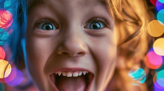 A young Caucasian boy with curly blond hair smiles widely, surrounded by colorful bokeh lights. His excitement is evident in his bright blue eyes and open mouth.