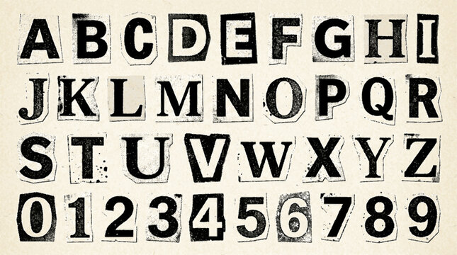 Ransom note style alphabet and number set cut out from newspaper magazine paper