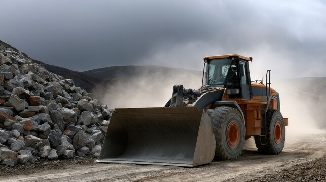 Front end loader working in a quarry with dust and rock pile