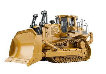 Obraz premium massive, showroom-condition yellow tracked bulldozer (d9 type) low-angle studio shot, detailed engine housing, exposed silver hydraulic cylinders, transparent background with copy space. concept of
