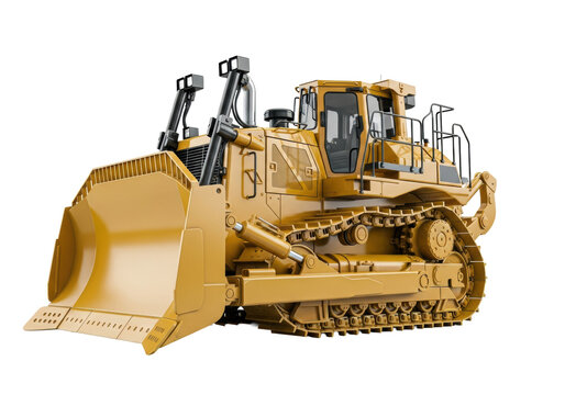 massive, showroom-condition yellow tracked bulldozer (d9 type) low-angle studio shot, detailed engine housing, exposed silver hydraulic cylinders, transparent background with copy space. concept of