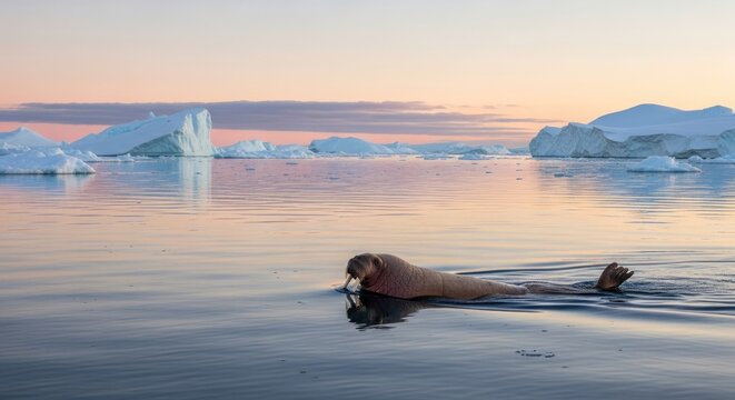 Walrus swimming in calm water with icebergs at sunset