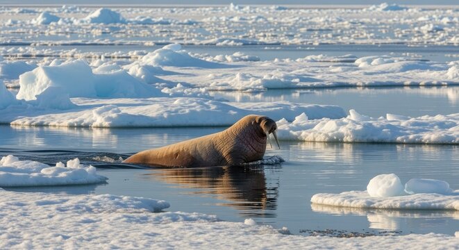 Walrus swimming in icy arctic waters amidst melting icebergs wildlife scene