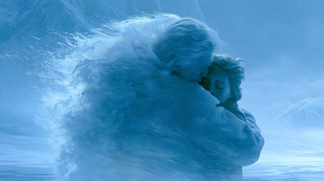 A romantic hug between a human and a being made of snow and icy wind in a frozen landscape