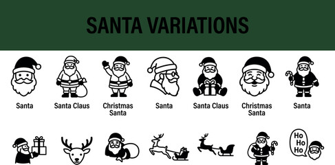 Christmas santa claus variations and reindeer outline icons vector set. © Peru