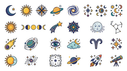 Modern Colorful Astronomy and Space Themed Icons Set with Celestial Bodies Stars Planets and Symbols © satria