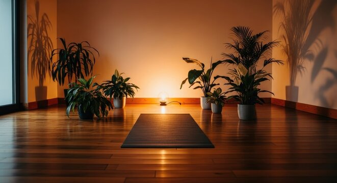 Yoga studio interior with plants and mat lit by warm sunlight