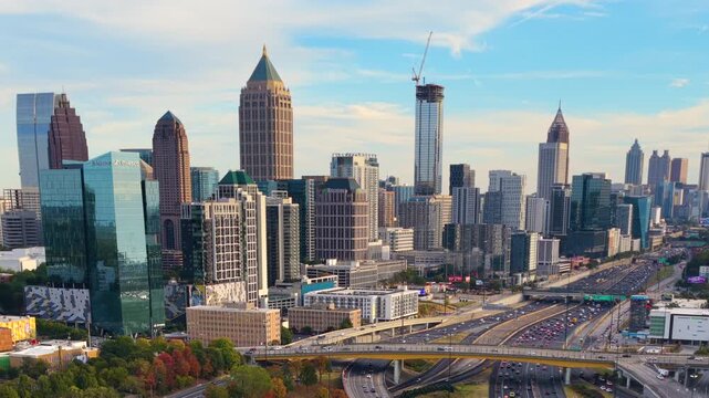 Atlanta city landscape with tall skyscraper buildings. Dynamic urban environment in modern megapolis.