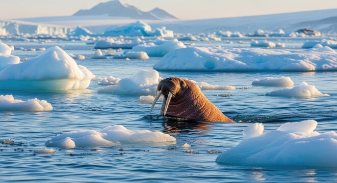Walrus in icy water wildlife portrait amidst icebergs under clear sky