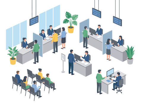 Modern isometric bank interior with customers tellers and staff providing financial services.