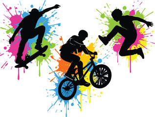 Obraz premium Silhouettes of skateboarder, BMX rider, and parkour athlete performing stunts against a vibrant paint splatter background.