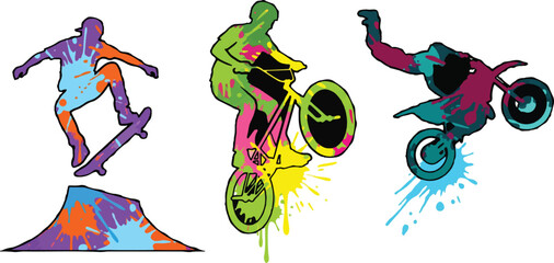 Obraz premium Colorful abstract silhouettes of extreme sports athletes performing stunts on a skateboard, BMX bike, and dirt bike with paint splatters.