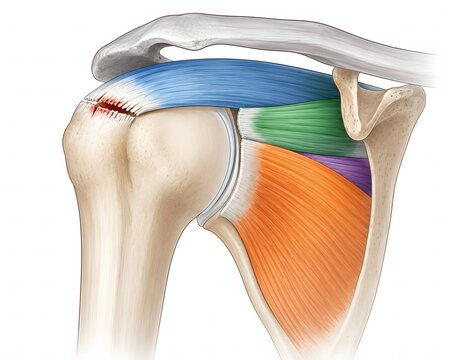 Rotator cuff tear supraspinatus anatomy diagram, shoulder orthopedic medical illustration. Clean shoulder diagram showing rotator cuff muscles and supraspinatus partial tear at humeral insertion. 