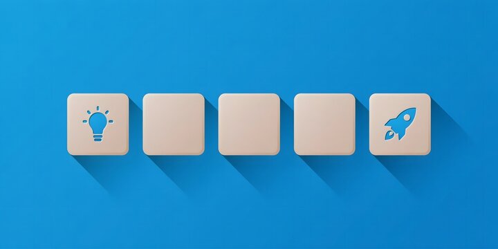 A minimalist graphic showcasing five beige square tiles on a vibrant blue background representing the progression from an initial idea to a successful launch.