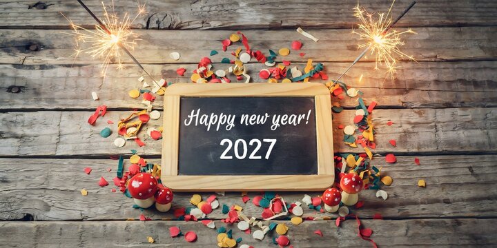 A rustic wooden chalkboard displays the greeting Happy New Year 2027 surrounded by colorful confetti and glowing sparklers on a weathered vintage barn wood surface