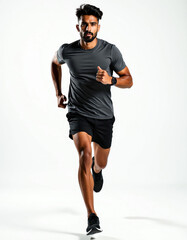 Obraz premium Indian man runs in sportswear on white background. Bearded athlete trains for race showing speed and endurance. Healthy male jogger with fitness tracker advances cardio workout.