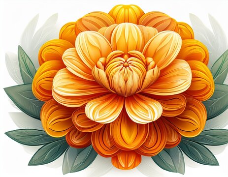 a stylized graphic of a yellow and orange marigold flower with layered symmetrical petals isolated on a white background