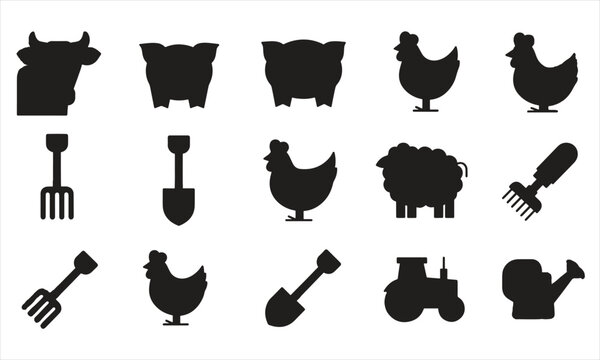 Set of black farm and livestock animal silhouettes including tools and machinery